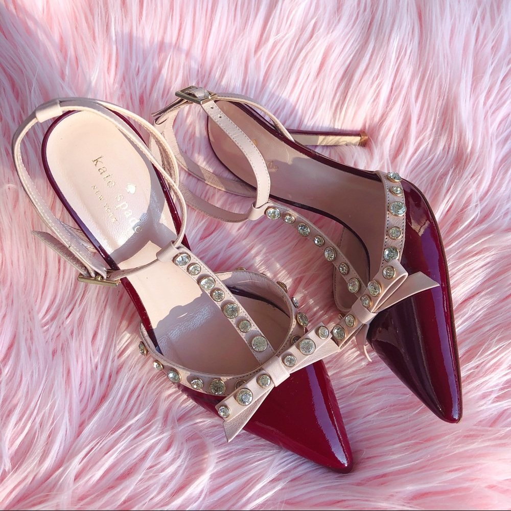 kate spade burgundy and blush patent T-strap heels with crystal bow accents